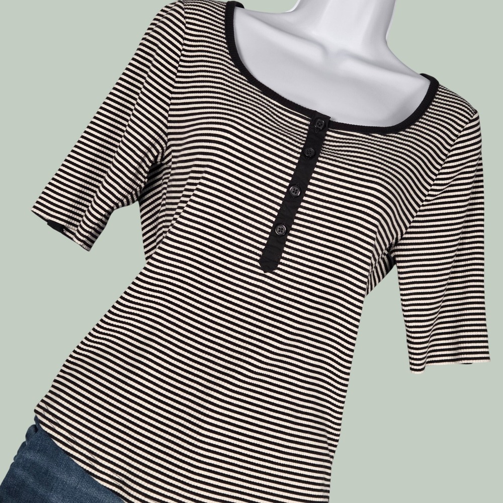 J.Crew 2023 Women Large Vintage Rib Henley Top Kate Stripe Black‎ White T Shirt